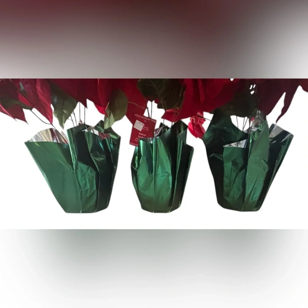 Faux poinsetta & berry potted plants NEW NWT 3 total Christmas decor 15 in tall